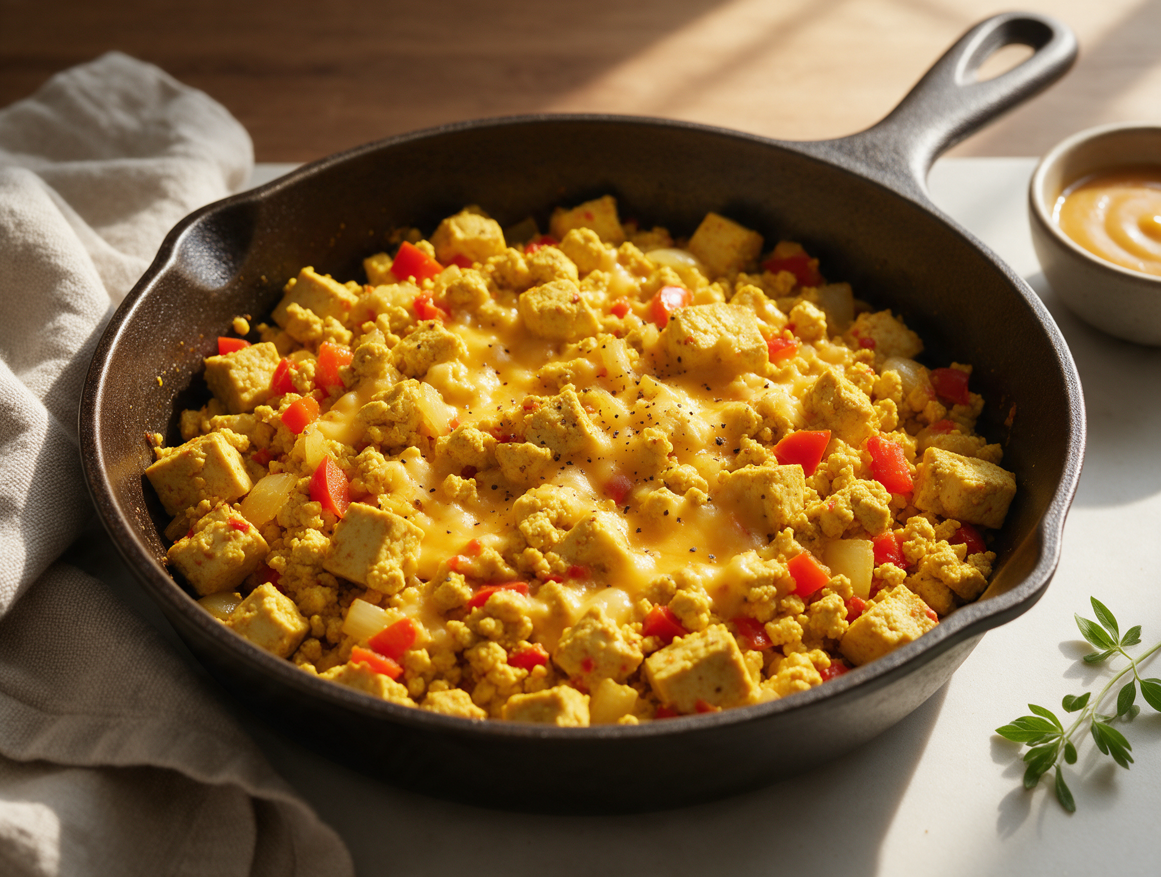 Overhead view of yellow turmeric tofu scramble with red bell pepper and melted cheddar in a cast iron skillet