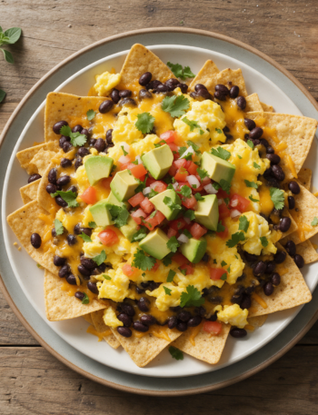 Overhead shot of sheet-pan breakfast nachos topped with scrambled eggs, black beans, avocado and cilantro on a wood table