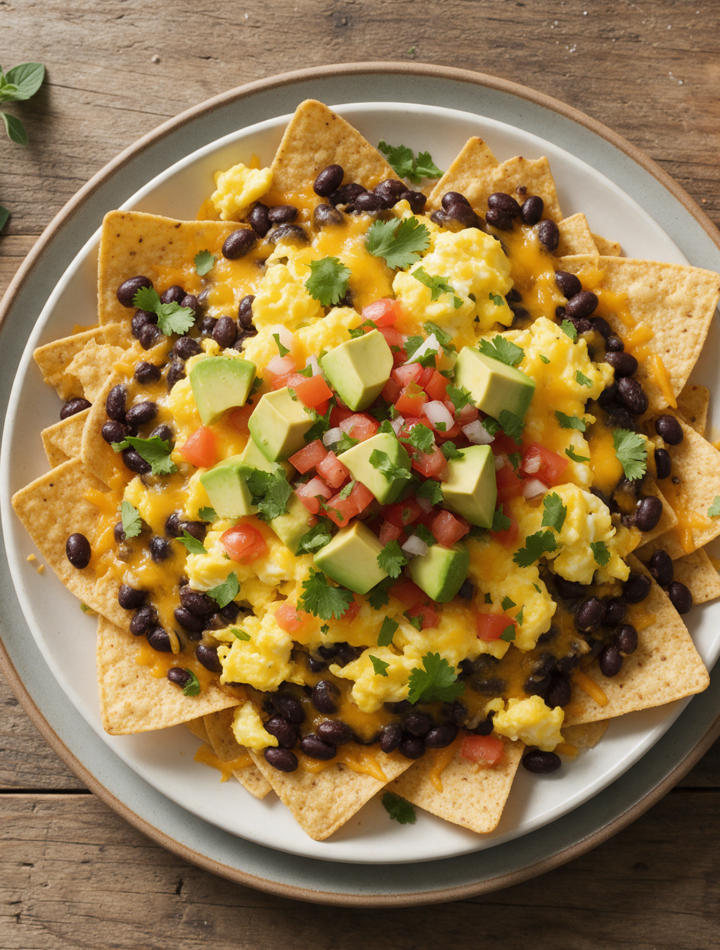Overhead shot of sheet-pan breakfast nachos topped with scrambled eggs, black beans, avocado and cilantro on a wood table