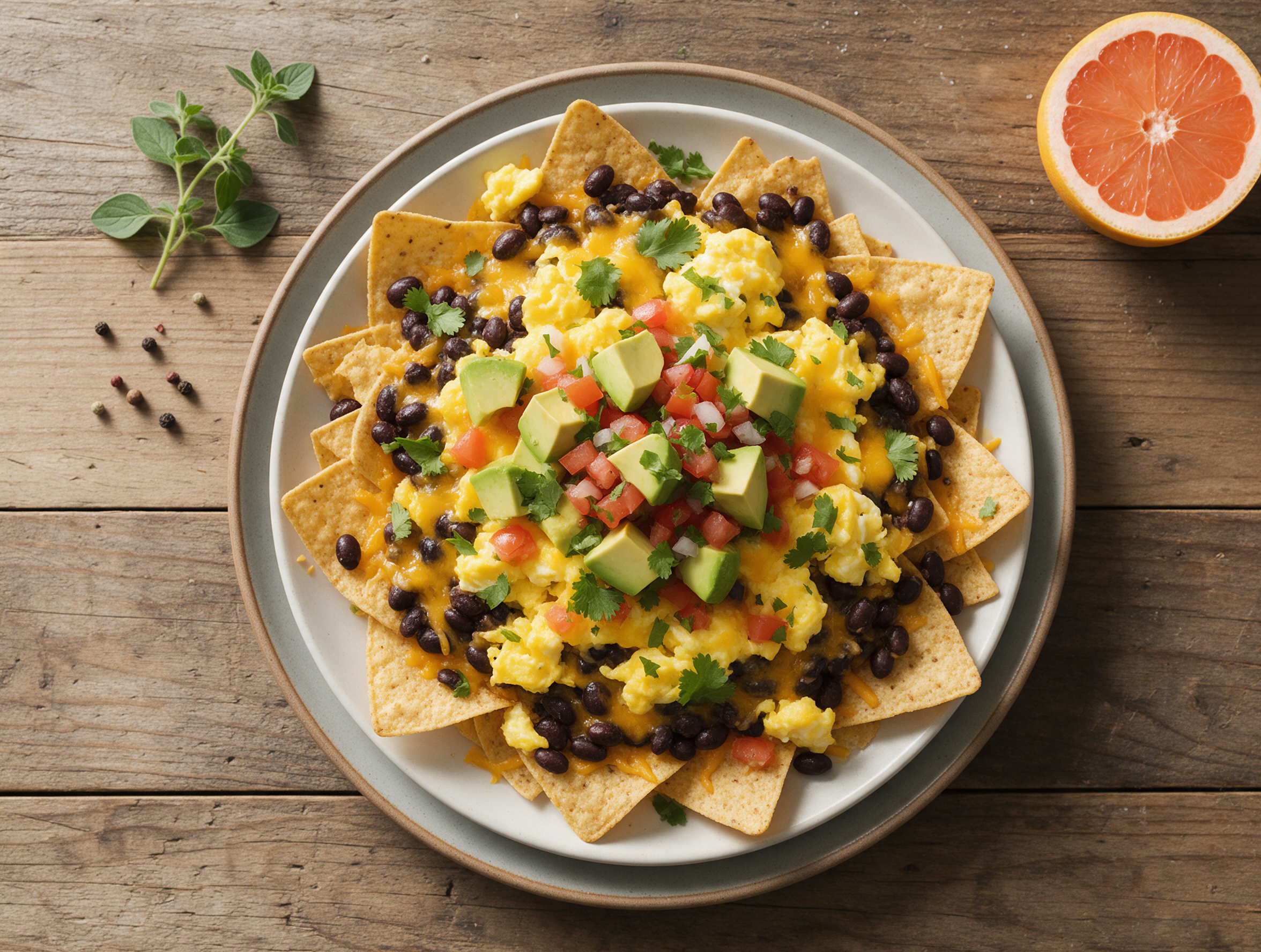 Overhead shot of sheet-pan breakfast nachos topped with scrambled eggs, black beans, avocado and cilantro on a wood table