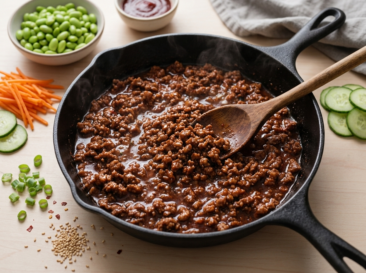 Ground beef simmering in a dark gochujang sauce in a cast iron skillet, sauce thickening around the meat.