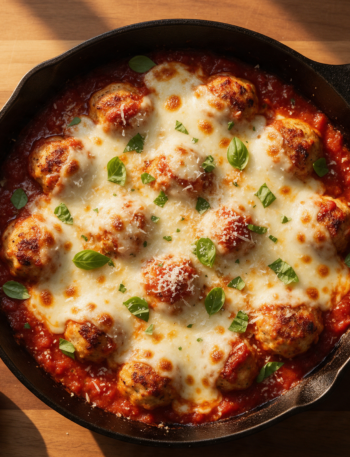 Overhead view of baked chicken parmesan meatballs in a cast iron skillet with melted mozzarella and fresh basil leaves on top.