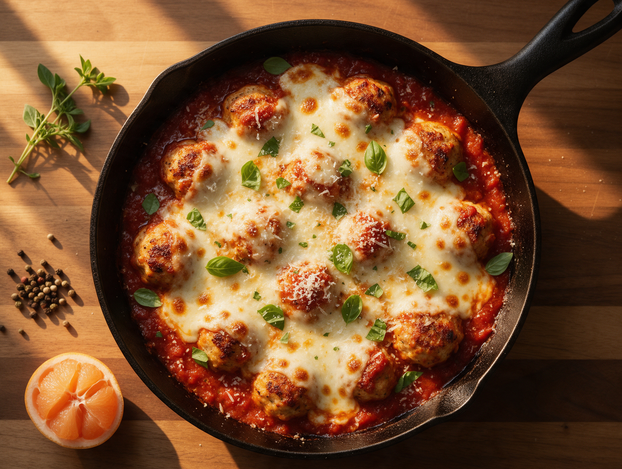 Overhead view of baked chicken parmesan meatballs in a cast iron skillet with melted mozzarella and fresh basil leaves on top.