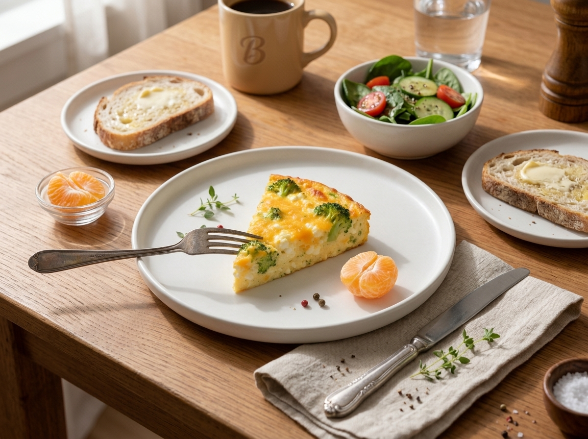 Fork lifting a bite from a quiche wedge at a breakfast table set with coffee mugs and a linen napkin