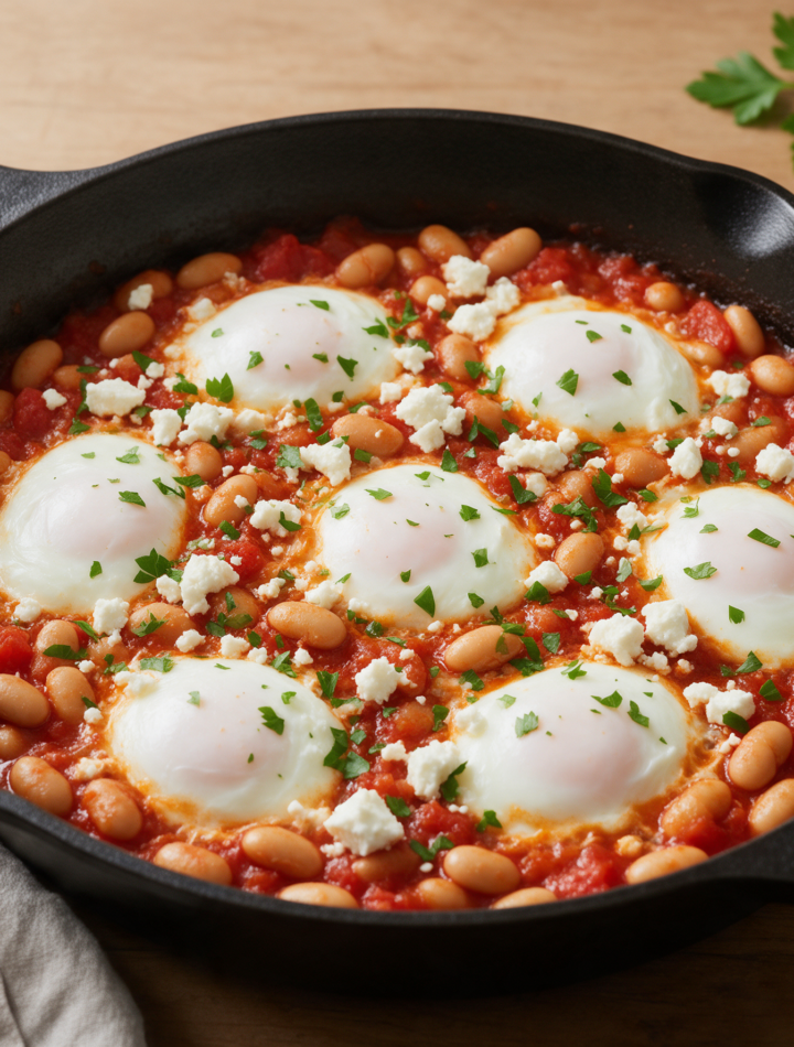 Overhead view of a cast iron skillet with eggs poached in tomato-bean sauce, feta crumbles and parsley scattered on top.