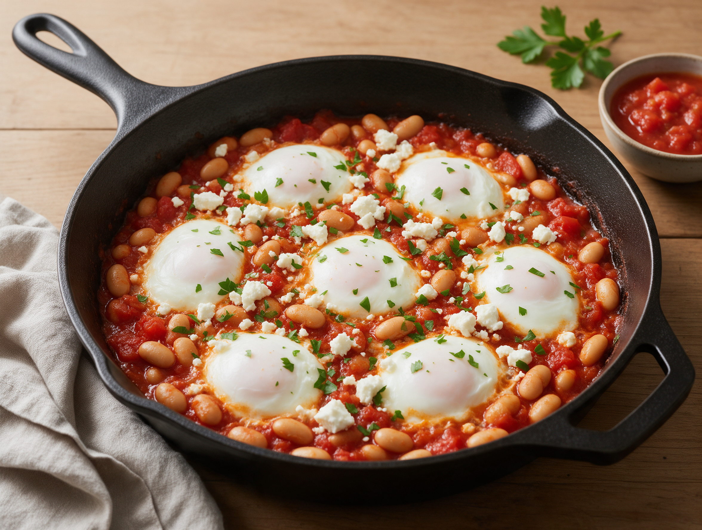 Overhead view of a cast iron skillet with eggs poached in tomato-bean sauce, feta crumbles and parsley scattered on top.
