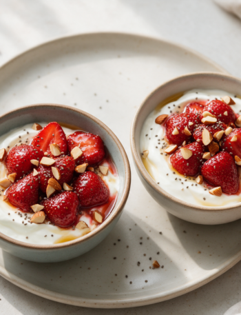 Two bowls of Greek yogurt topped with glossy honey-roasted strawberries, almonds, and chia seeds on a wood table.