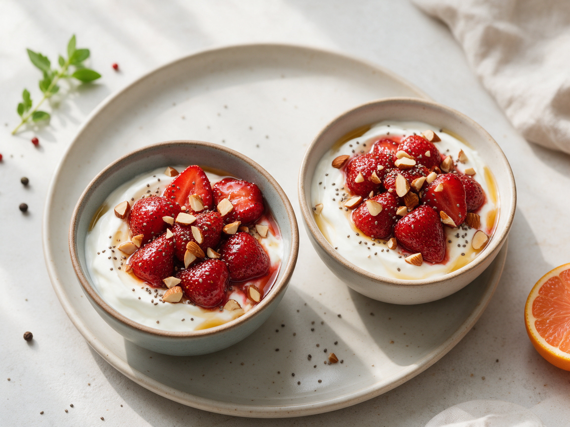 Two bowls of Greek yogurt topped with glossy honey-roasted strawberries, almonds, and chia seeds on a wood table.