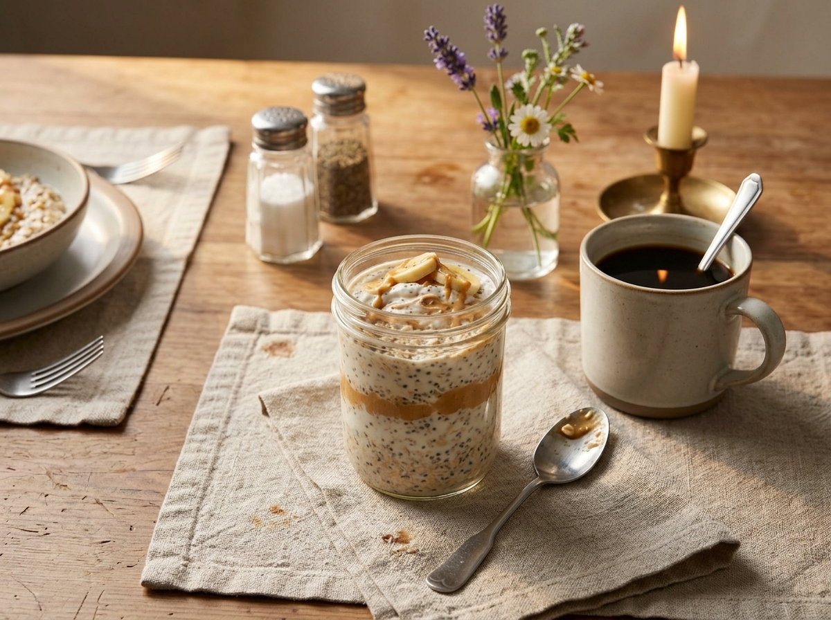 Mason jar of overnight oats next to a coffee cup and linen napkin on a kitchen table in soft morning light