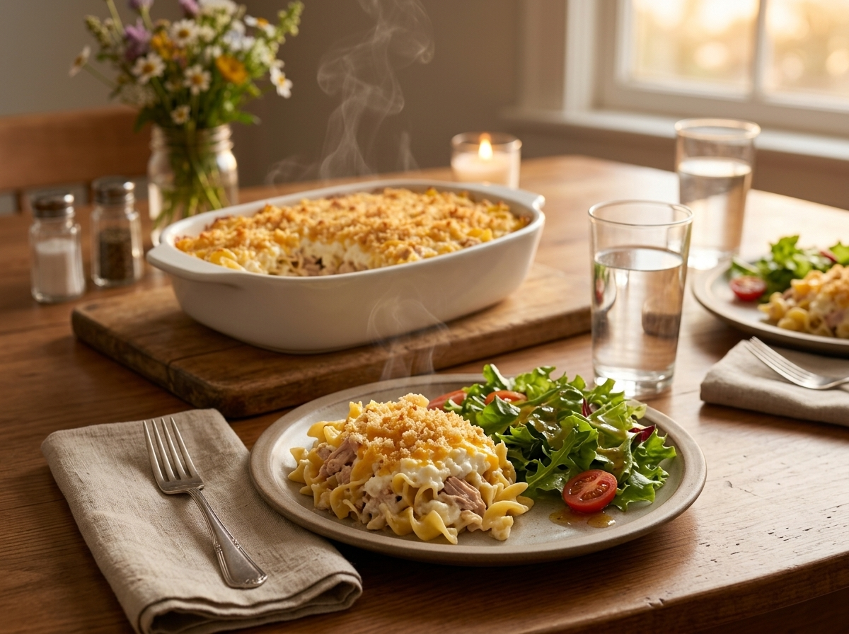 Plated scoop of tuna noodle casserole on a stoneware plate beside a green salad and linen napkin at a kitchen table