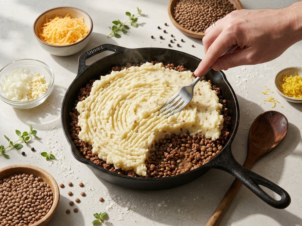 Cook forking ridges into a Greek yogurt mashed potato topping before it goes over the beef and lentil filling