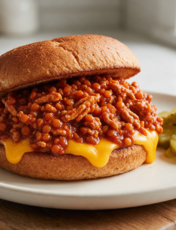 Toasted bun piled with saucy ground turkey and red lentil filling, melted cheddar on top, wood board underneath