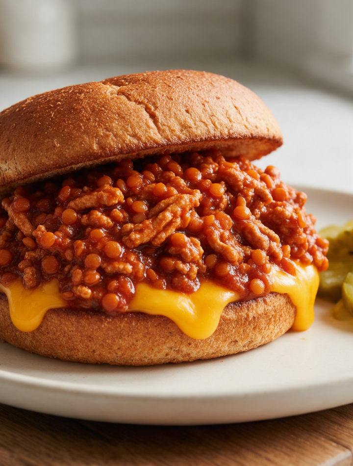 Toasted bun piled with saucy ground turkey and red lentil filling, melted cheddar on top, wood board underneath