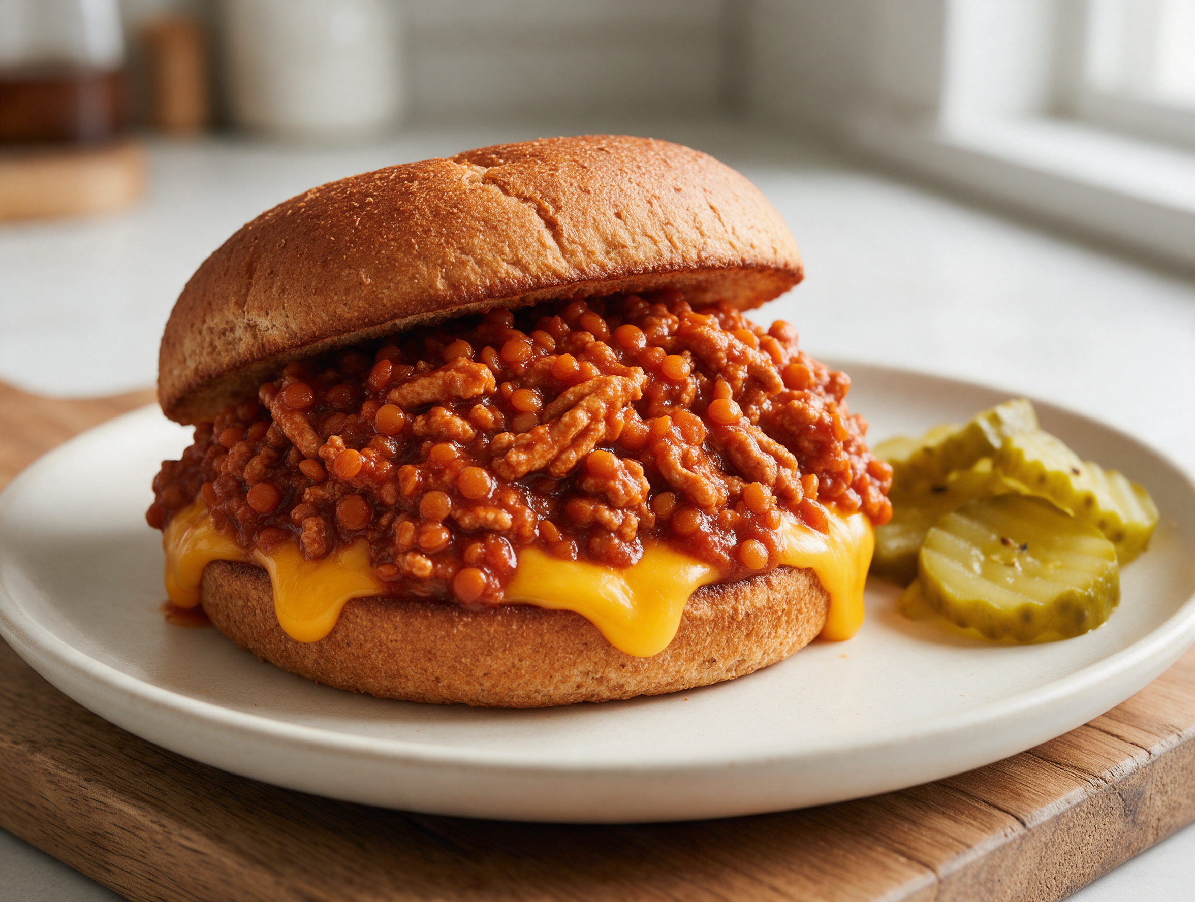 Toasted bun piled with saucy ground turkey and red lentil filling, melted cheddar on top, wood board underneath