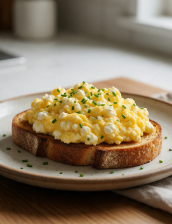 Plated cottage cheese scrambled eggs on toasted sourdough with chives on top, viewed at a 45-degree angle on a ceramic plate