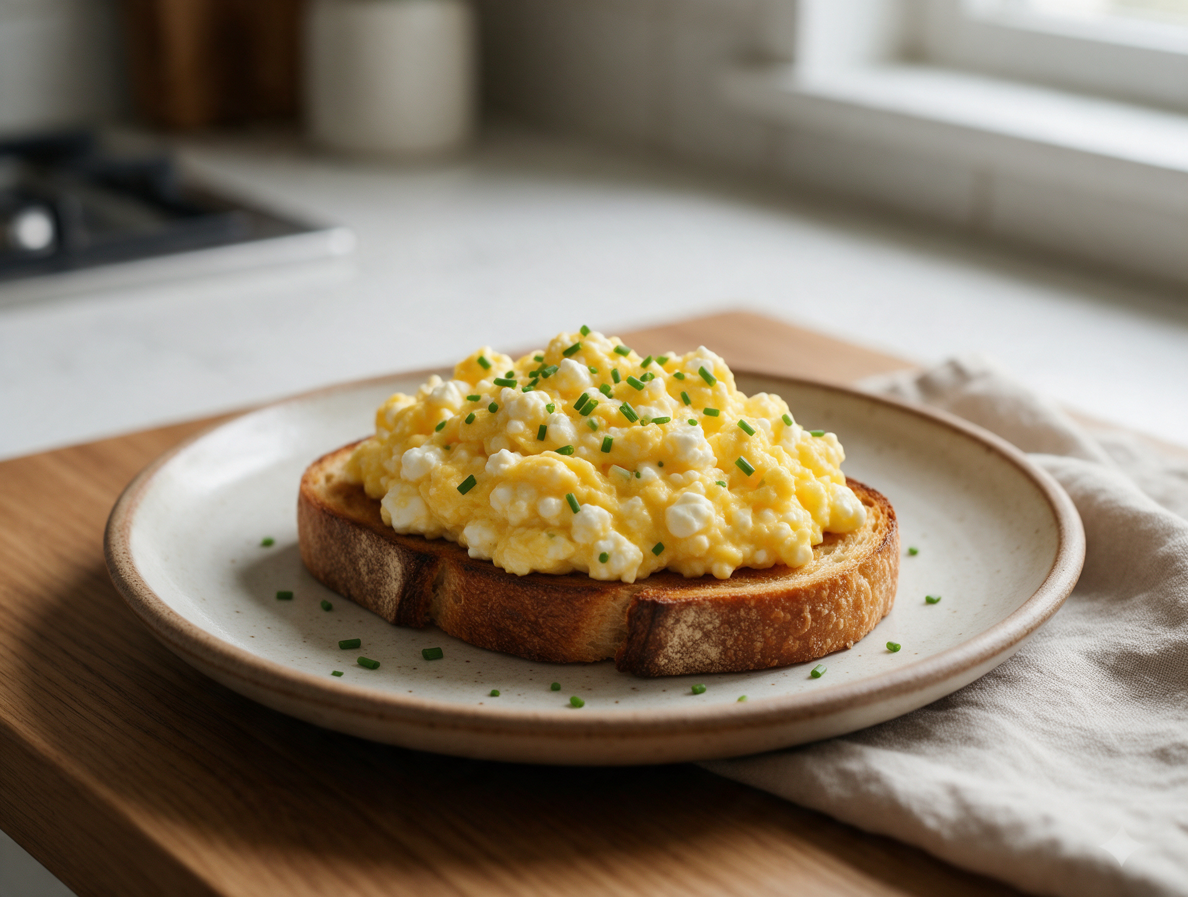 Plated cottage cheese scrambled eggs on toasted sourdough with chives on top, viewed at a 45-degree angle on a ceramic plate