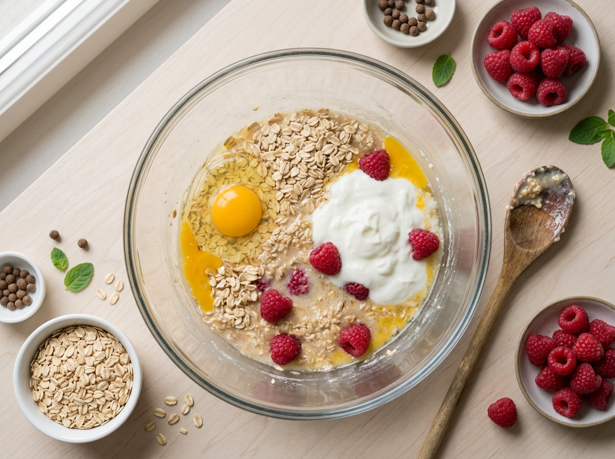 Rolled oats, eggs, and Greek yogurt being whisked together in a glass bowl before pouring into a 9x13 baking dish