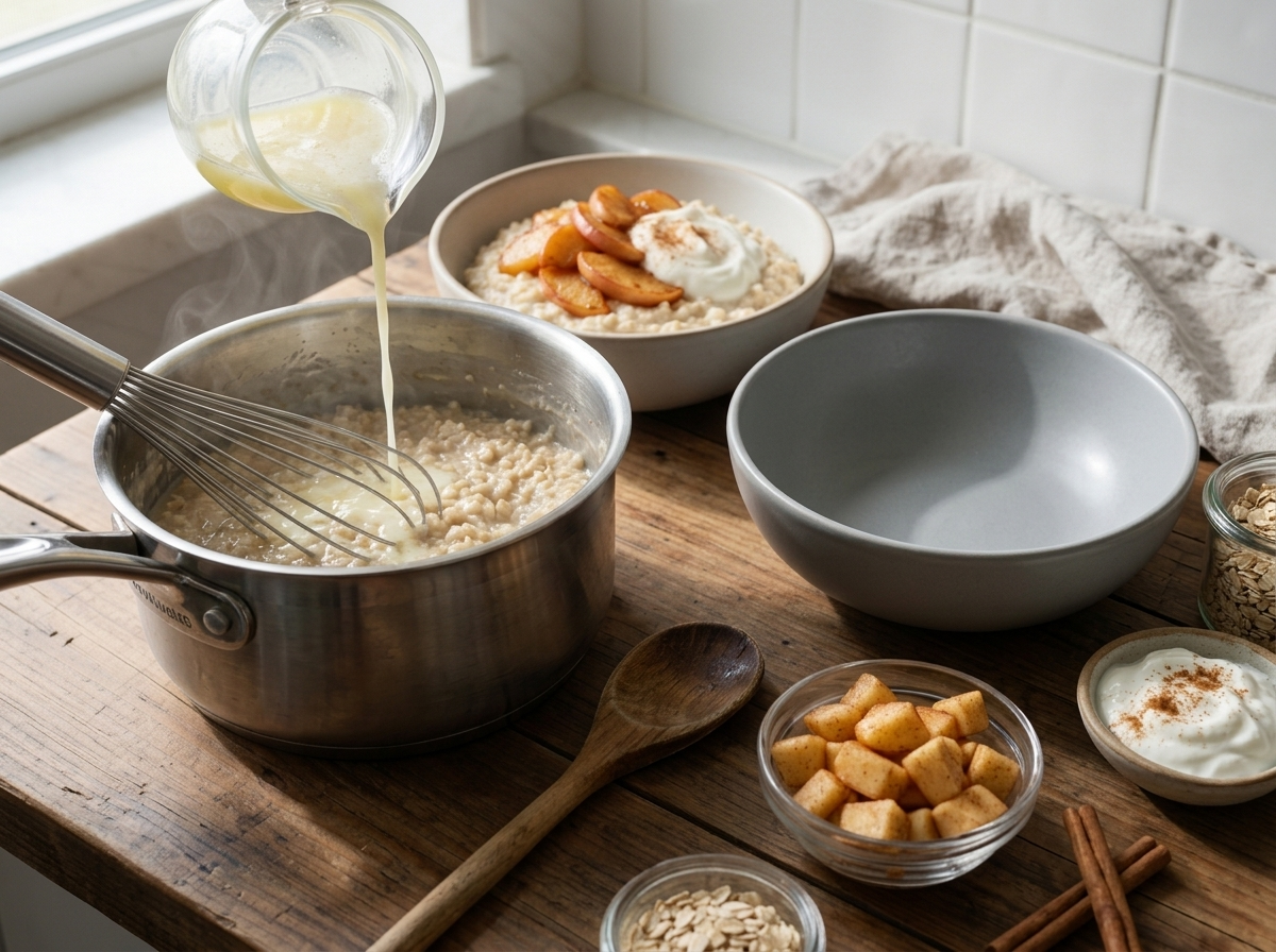 Egg white mixture being whisked into a pot of simmering oatmeal, steam rising, wooden spoon resting on the counter