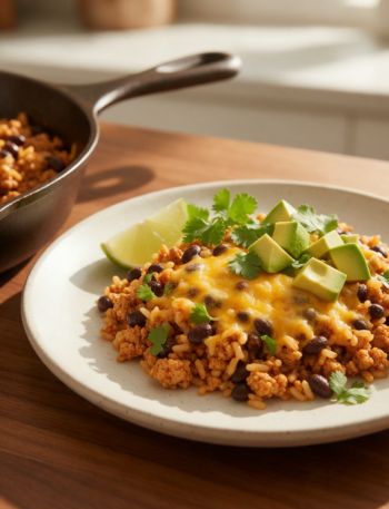 Overhead view of turkey taco rice skillet topped with melted cheddar, lime wedges, and cilantro in a dark skillet on a wood table