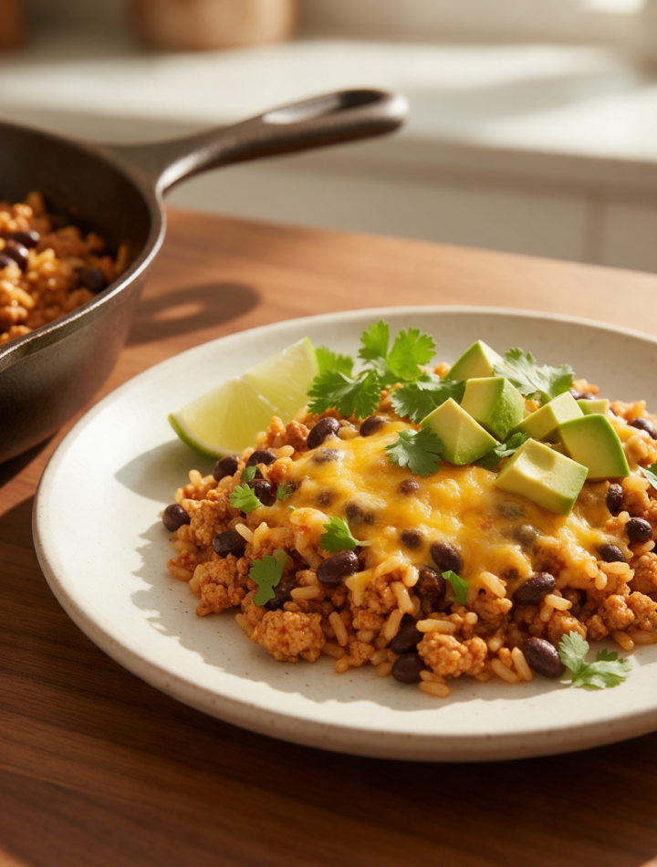 Overhead view of turkey taco rice skillet topped with melted cheddar, lime wedges, and cilantro in a dark skillet on a wood table