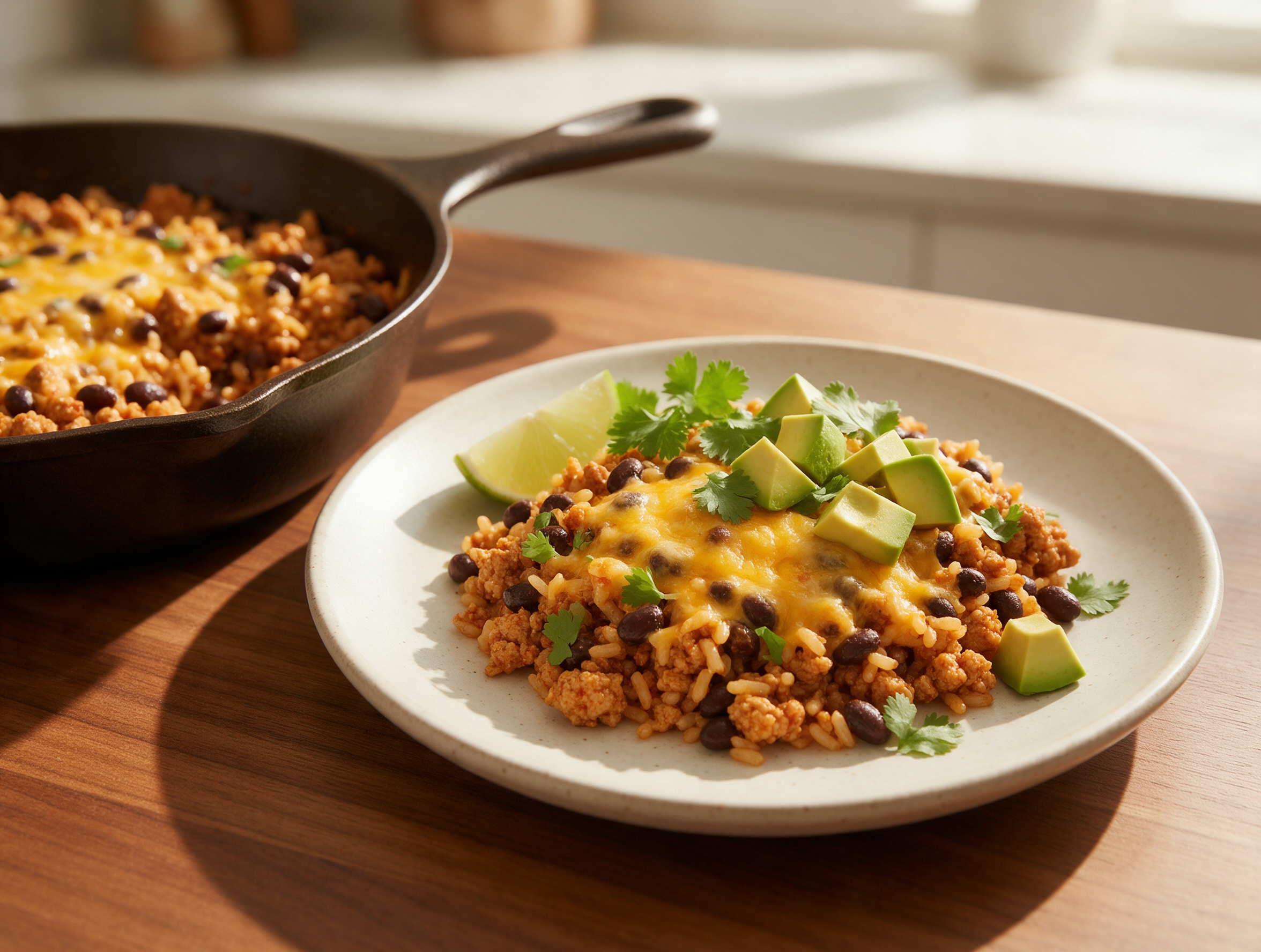 Overhead view of turkey taco rice skillet topped with melted cheddar, lime wedges, and cilantro in a dark skillet on a wood table