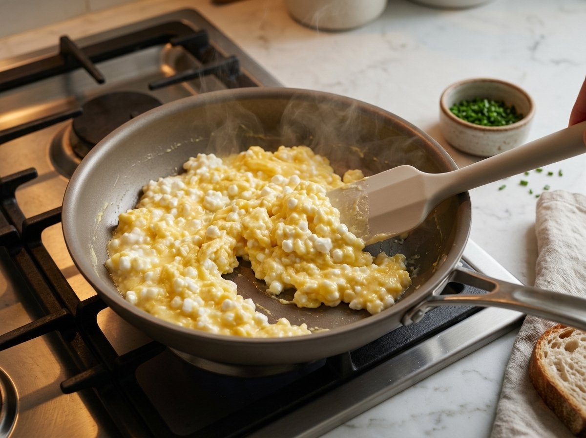 Soft egg and cottage cheese curds being folded with a spatula in a nonstick skillet over low heat