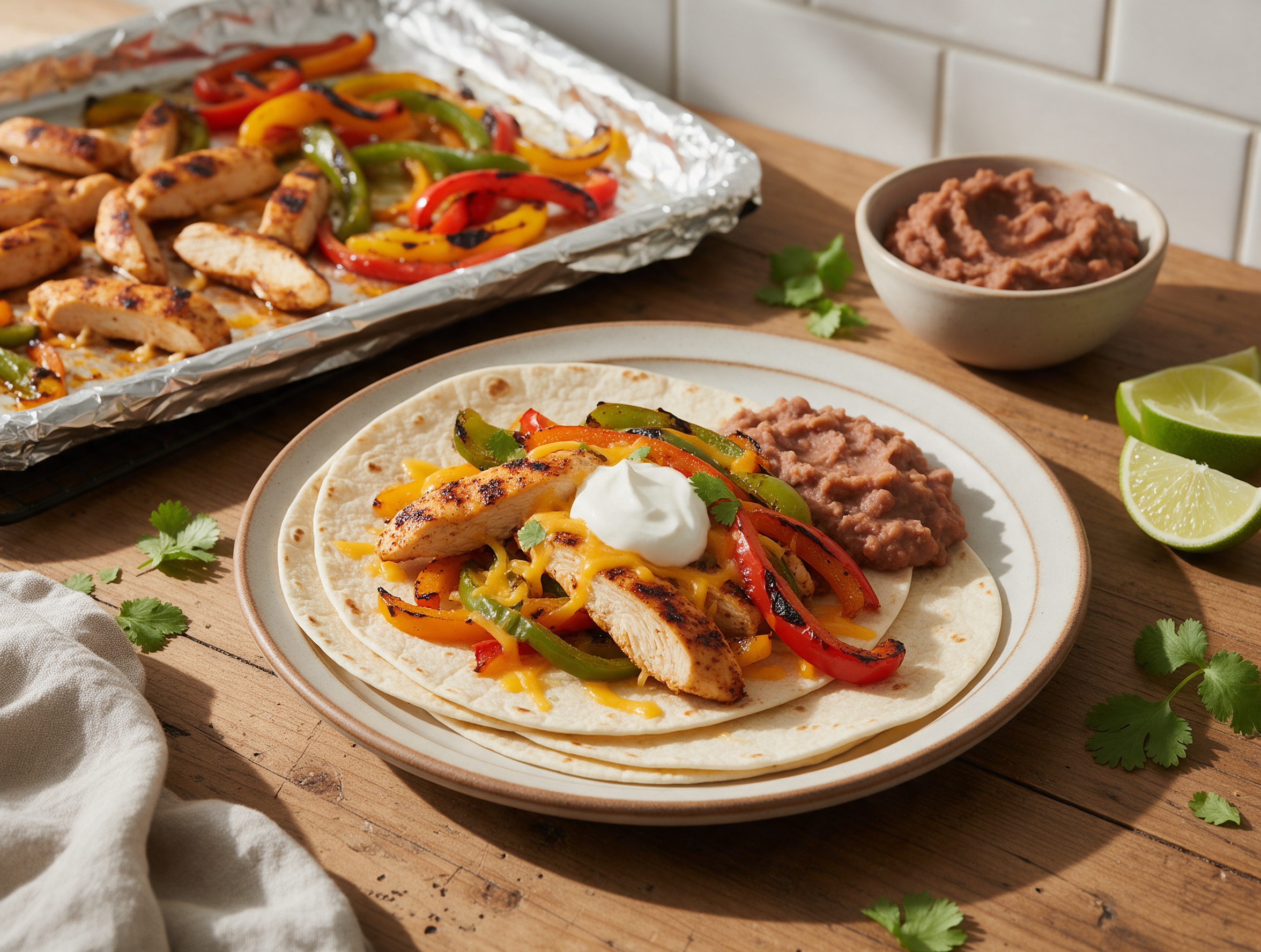 Top-down view of charred chicken and pepper strips on a foil-lined sheet pan next to a bowl of refried beans and lime wedges