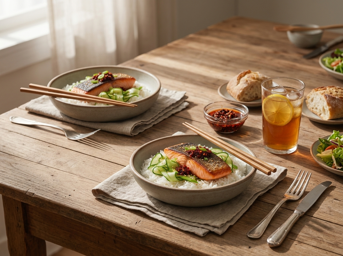 Two salmon rice bowls on a linen napkin at a kitchen table with chopsticks, a small chili crisp dish, and iced tea