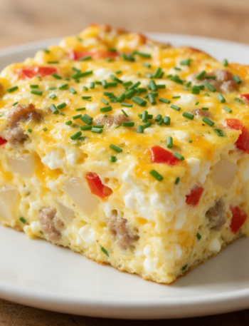 Sliced sheet pan egg bake square with visible peppers, onion, and melted cheddar on a white plate under soft morning light