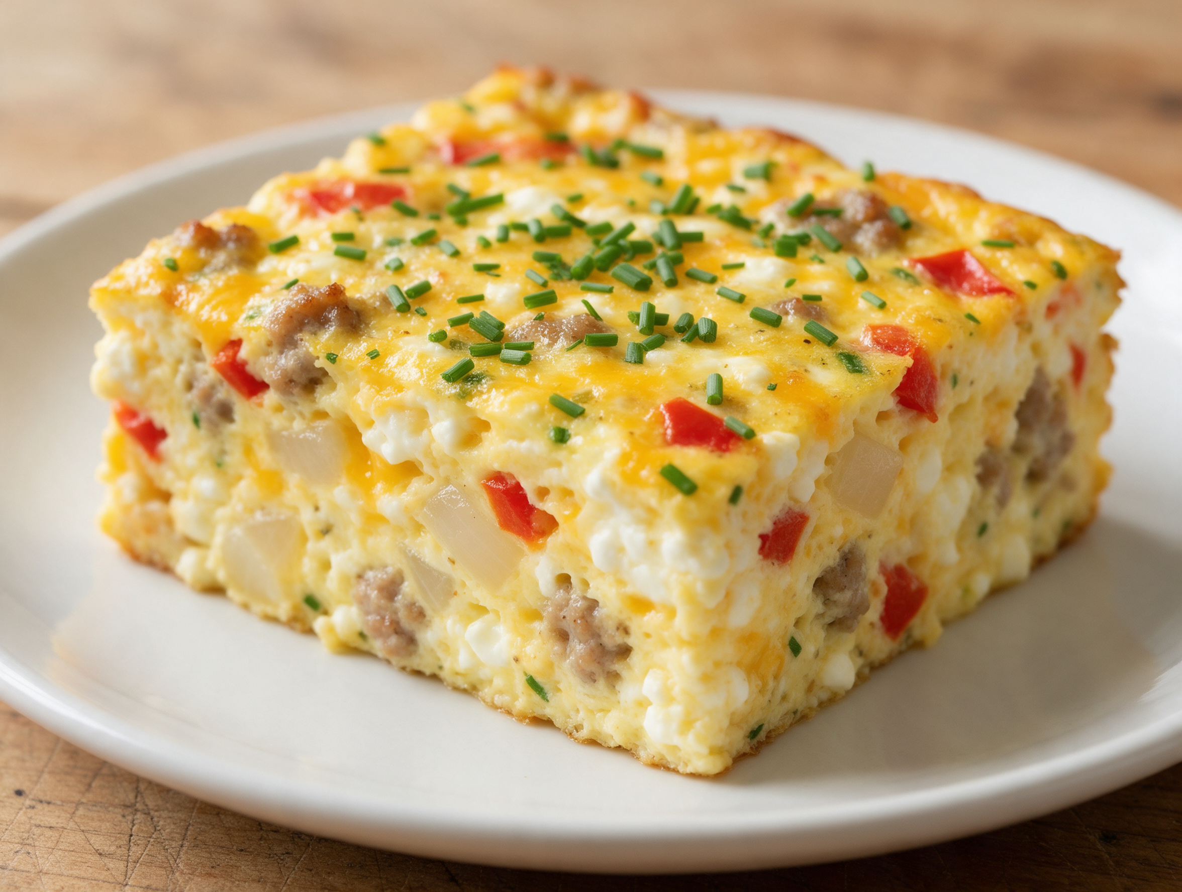 Sliced sheet pan egg bake square with visible peppers, onion, and melted cheddar on a white plate under soft morning light