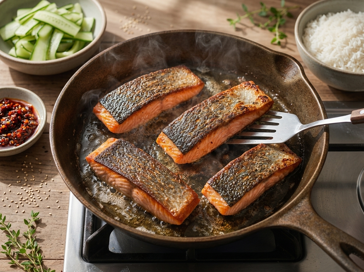Four salmon fillets sizzling skin-side down in a cast iron skillet, edges browned and skin visibly crisping around the pan