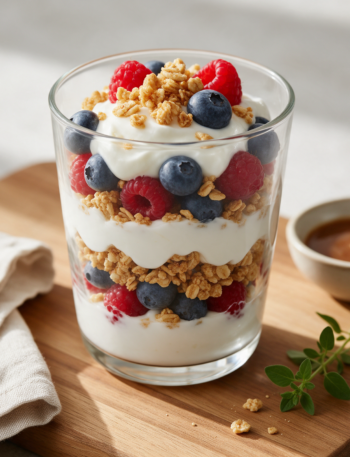 Layered Greek yogurt parfait in a glass jar with golden granola clusters and blueberries on a wood board