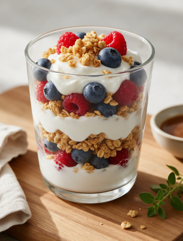 Layered Greek yogurt parfait in a glass jar with golden granola clusters and blueberries on a wood board