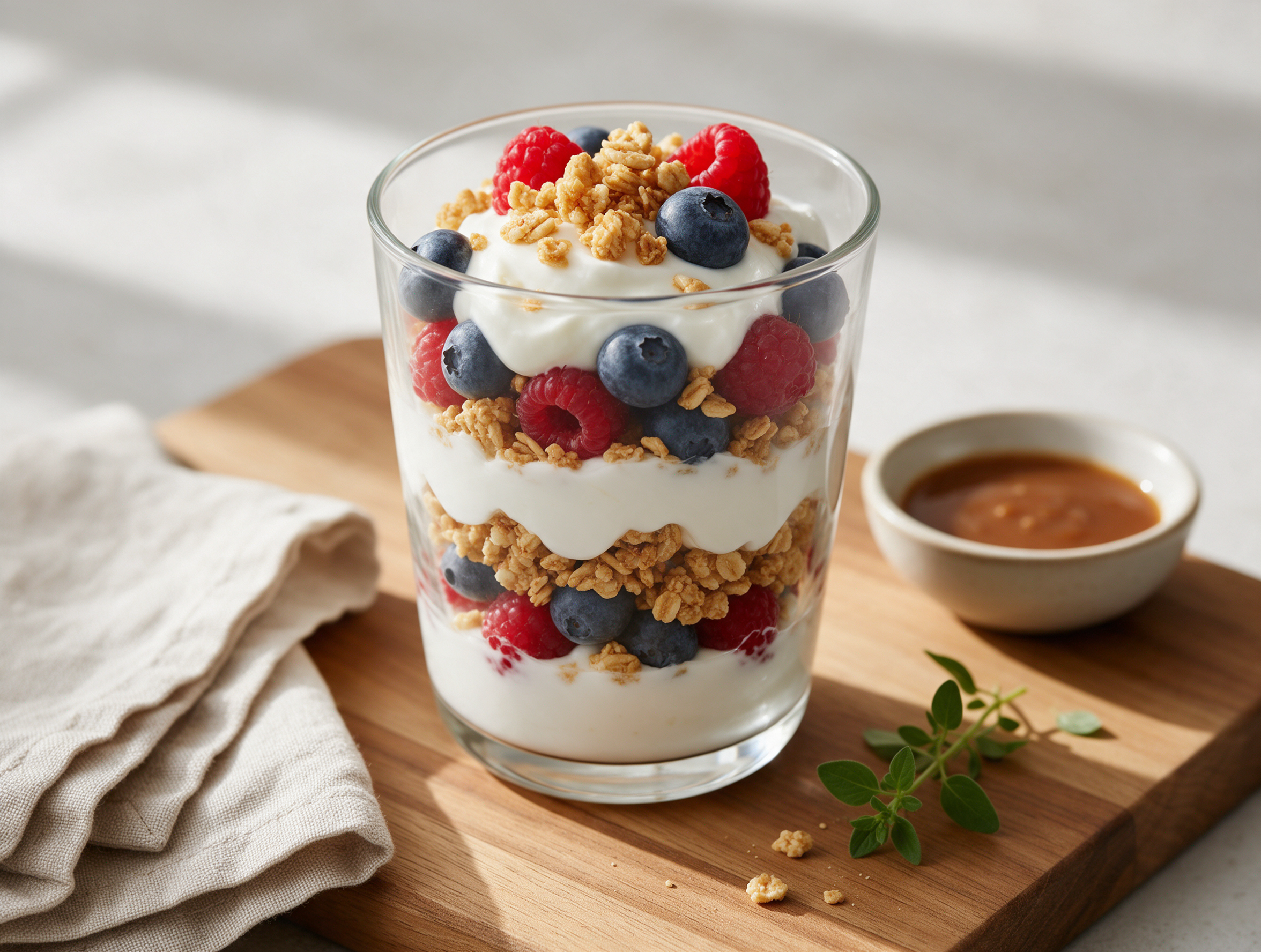 Layered Greek yogurt parfait in a glass jar with golden granola clusters and blueberries on a wood board