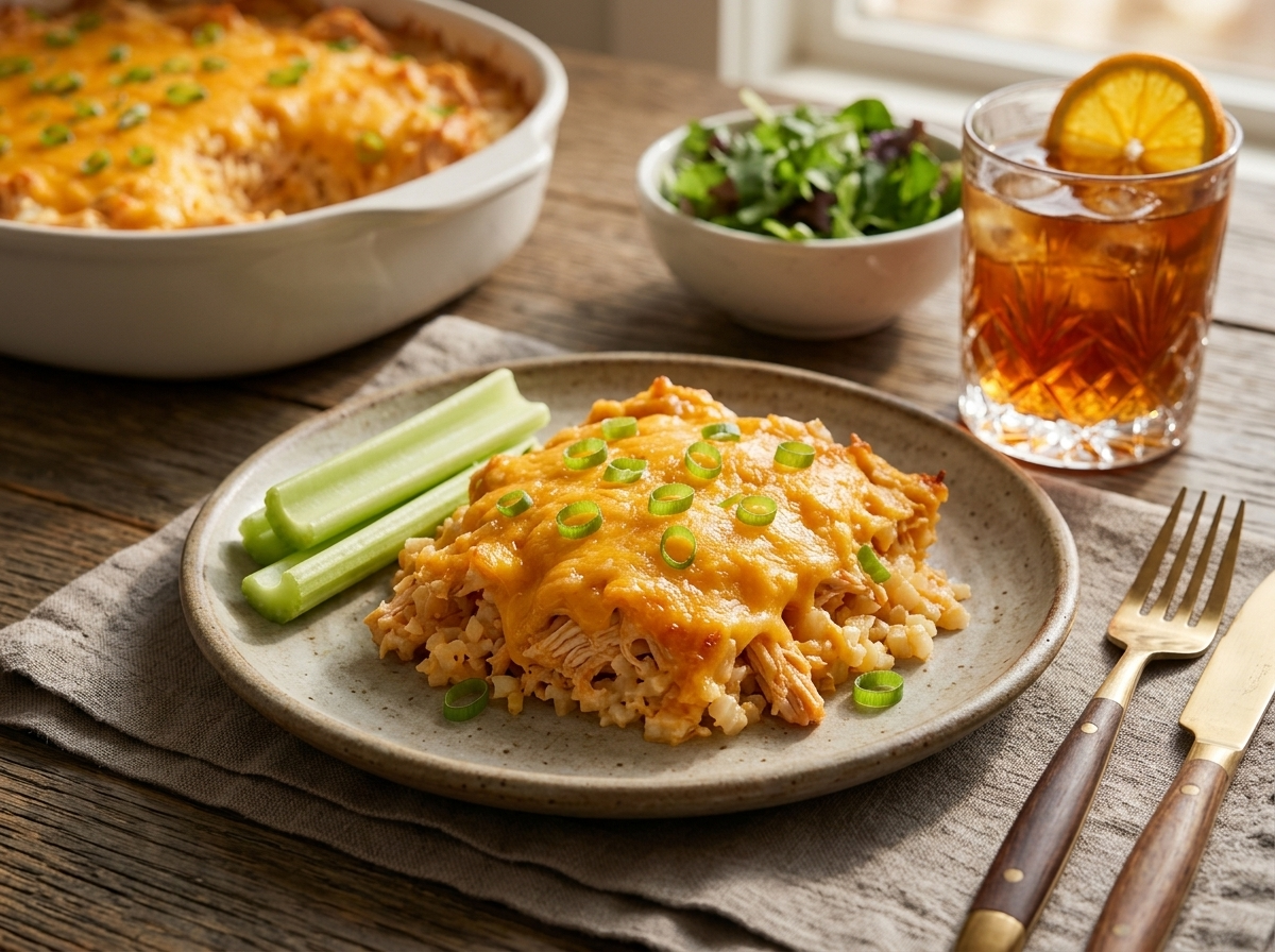 Plated scoop of buffalo chicken casserole beside celery sticks and a glass of iced tea on a linen-covered table
