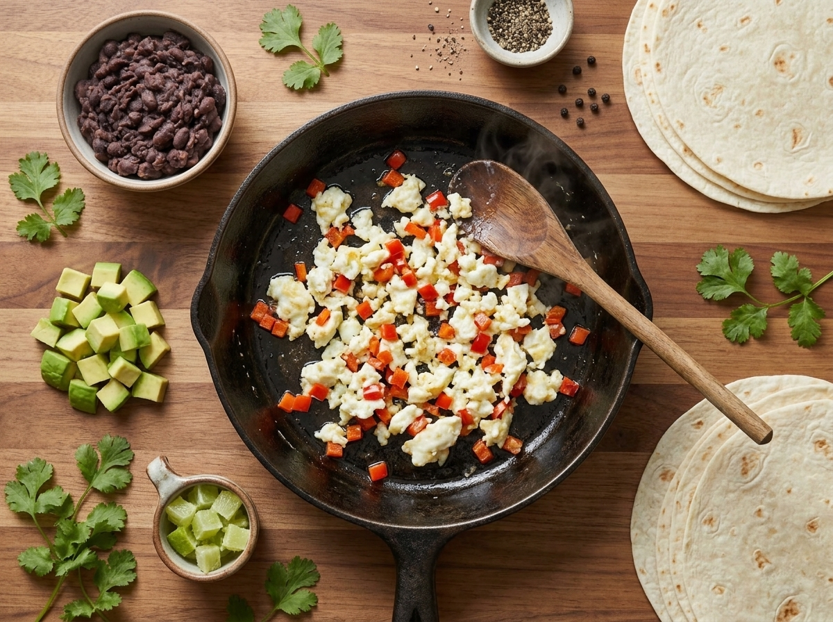 Egg whites and diced bell pepper scrambling in a cast iron skillet next to a bowl of mashed black beans.