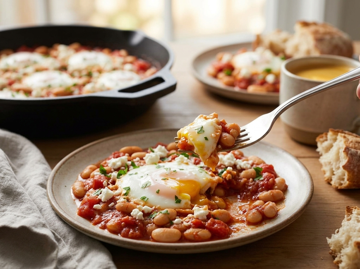 Two plates at a wooden table with shakshuka, torn pita, and coffee mugs, morning light through a kitchen window.