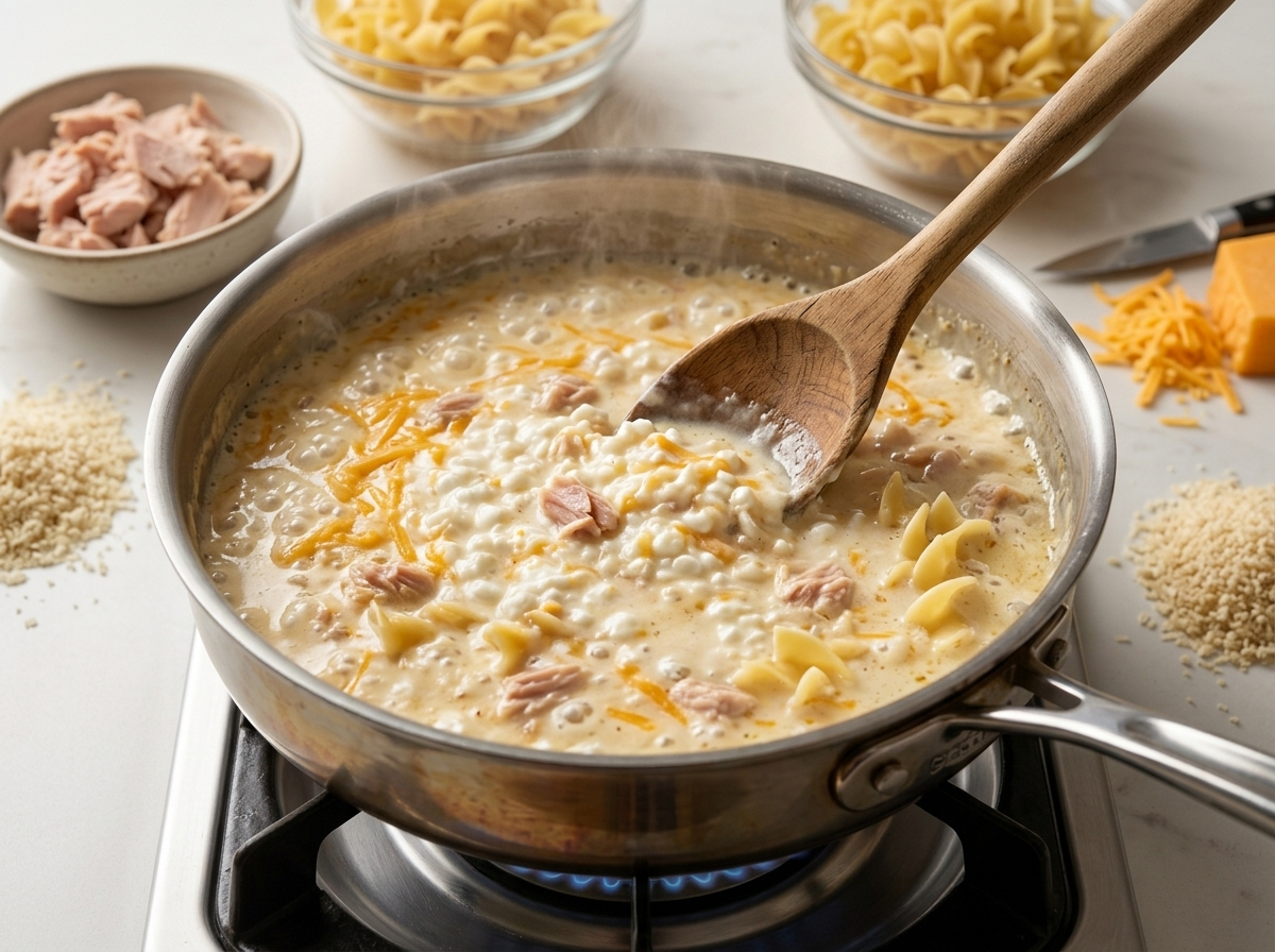 Hand stirring blended cottage cheese and cheddar into a bubbling roux in a stainless steel skillet on the stove
