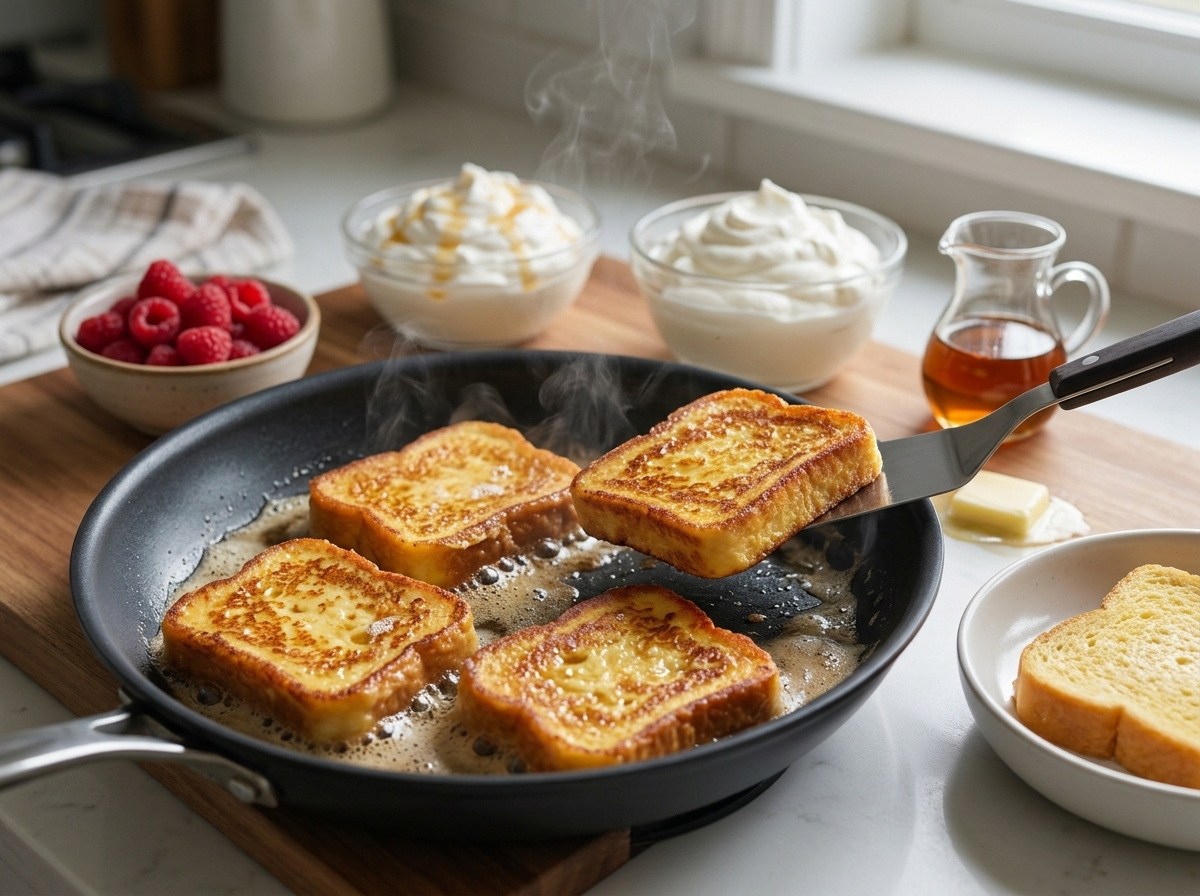 Home cook dips custard-soaked bread slices into a nonstick skillet as edges turn deep golden brown.