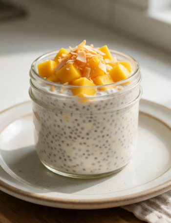 Glass jar of thick chia pudding topped with fresh diced mango and toasted coconut on a wooden board in soft light