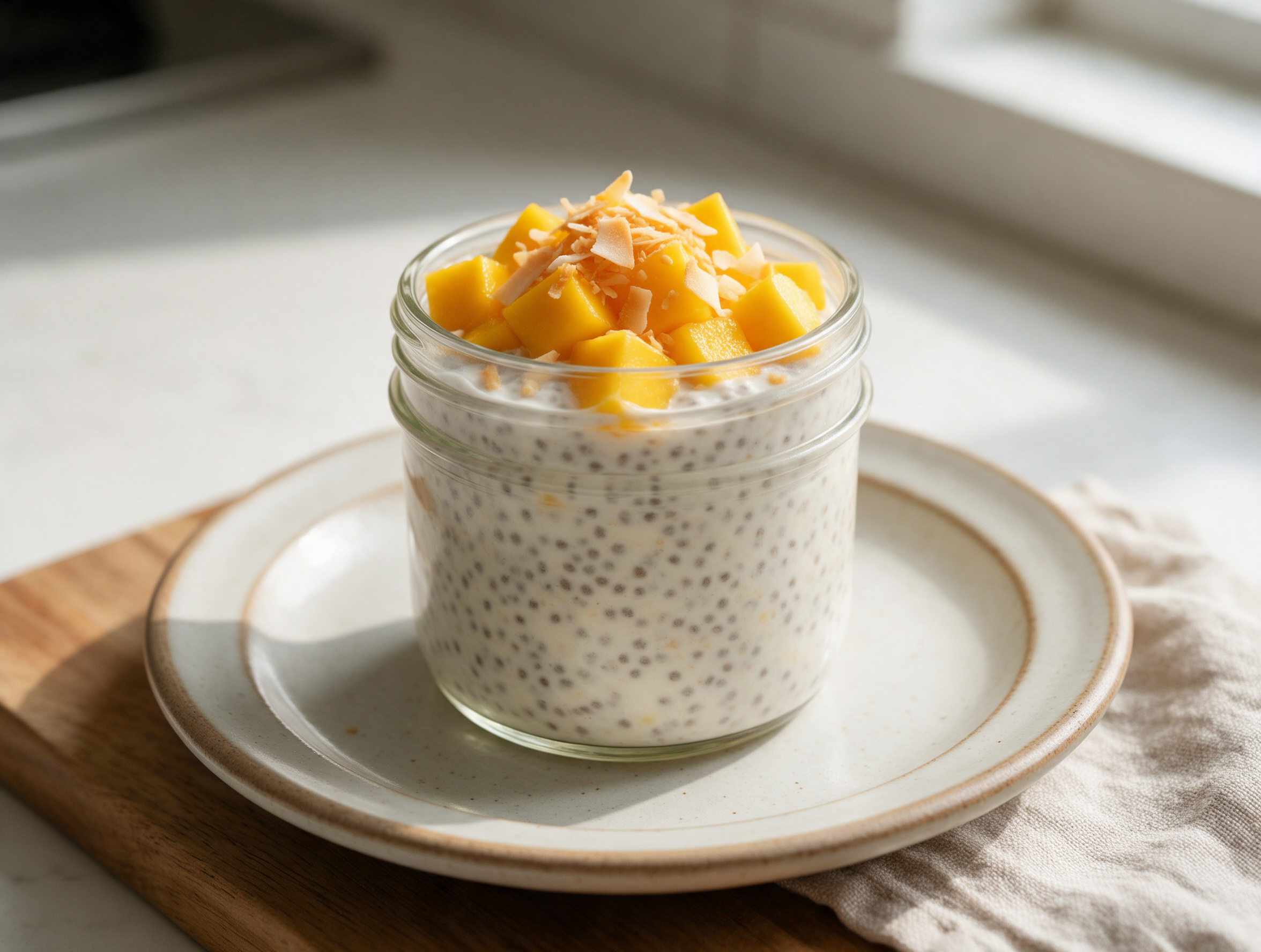 Glass jar of thick chia pudding topped with fresh diced mango and toasted coconut on a wooden board in soft light