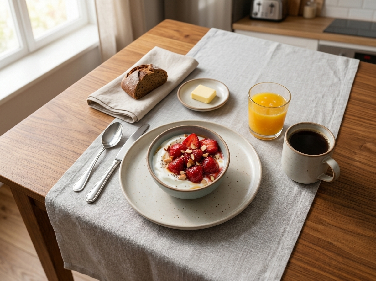 A linen-draped breakfast table with a yogurt bowl, coffee mug, and morning light through a kitchen window.
