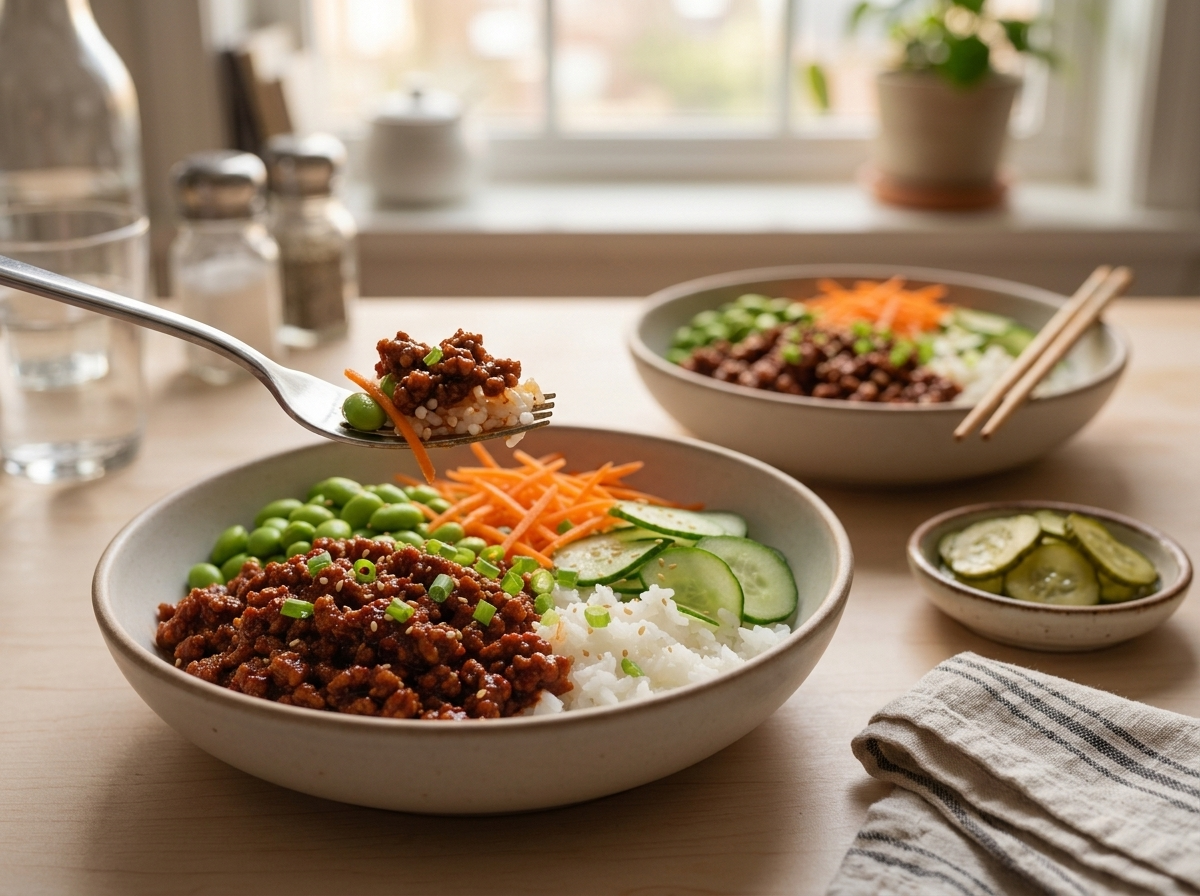 Two bowls of Korean beef and rice on a linen napkin with chopsticks, steam rising in warm kitchen light.