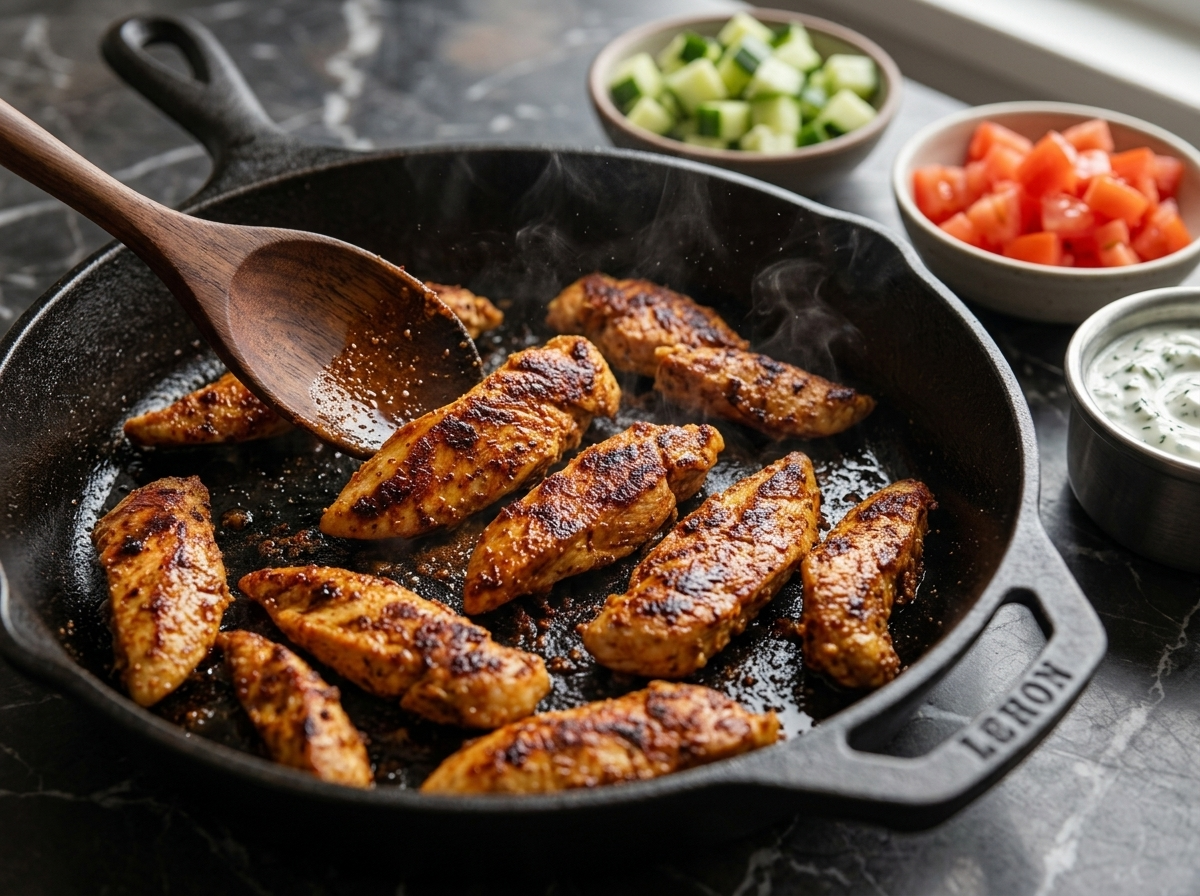 Chicken strips searing in a cast-iron skillet, edges charred, red spice coating visible, wooden spoon resting nearby.