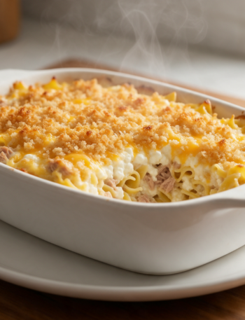 Baked tuna noodle casserole in a white dish with a golden panko crust and melted cheddar showing at the cut edge