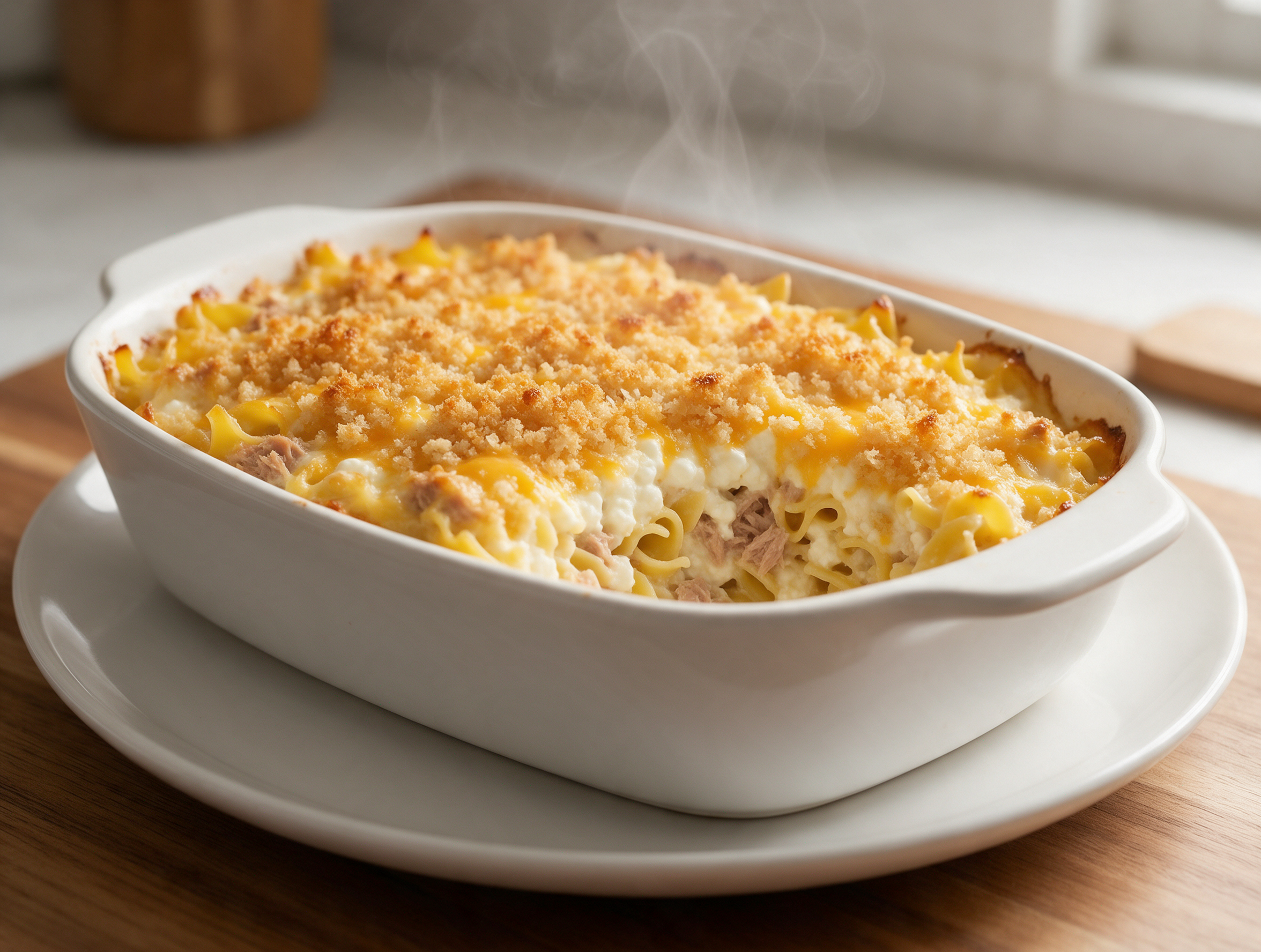 Baked tuna noodle casserole in a white dish with a golden panko crust and melted cheddar showing at the cut edge