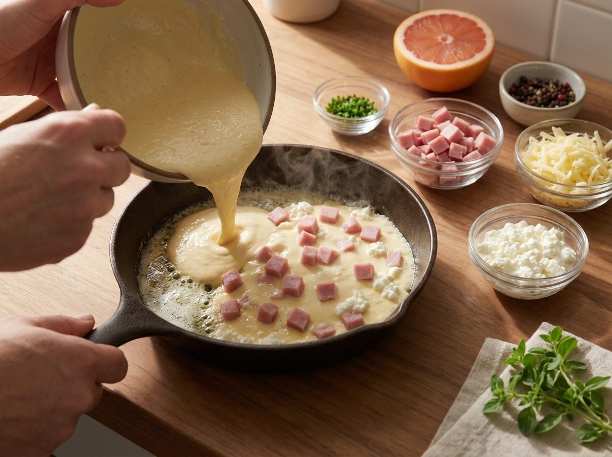 Batter being poured into a sizzling buttered cast-iron skillet, ham and shredded Gruyere scattered on top before baking.