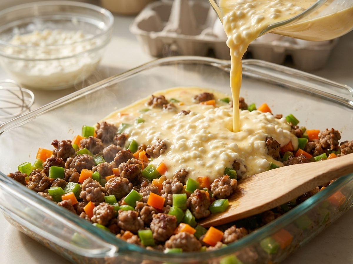 Close-up of raw egg and cottage cheese mixture being poured over browned sausage and peppers in a glass baking dish