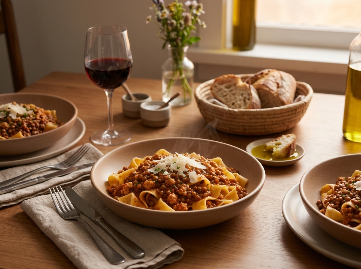 Two bowls of Bolognese pasta on a dinner table with crusty bread, red wine, and a linen napkin