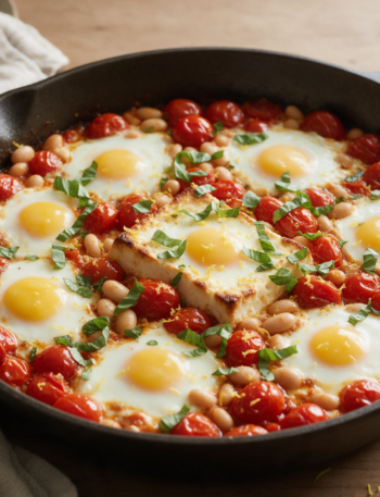 Overhead view of blistered cherry tomatoes, melted feta, and baked eggs in a cast iron skillet with fresh basil.